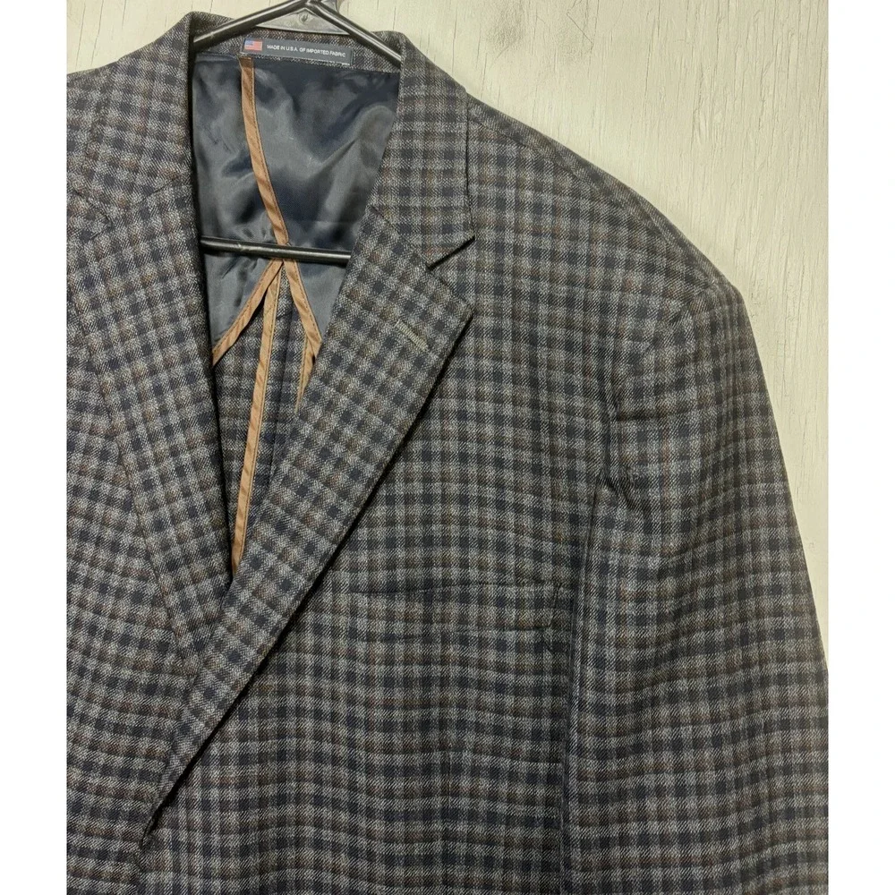 Mens Hart Schaffner Marx Sport Coat Jacket Size 48L Plaid Blue Brown USA Made